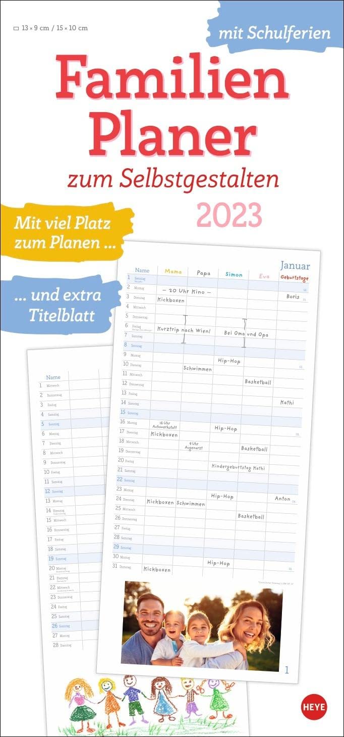 Familienplaner 2023 zum Selbstgestalten. Blanko-Kalender zum Basteln mit extra Titelblatt für eine persönliche Gestaltung und viel Platz für Notizen. Familien-Kalender 2023. 21x45cm Calendars