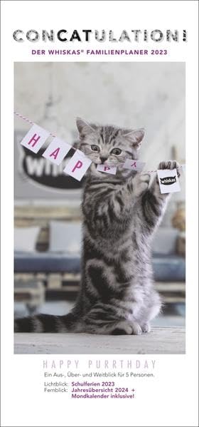 Whiskas Familienplaner 2023. Praktischer Kalender für Familien mit Katzenfotos zum Dahinschmelzen. Terminkalender für die Wand mit 5 Spalten und viel Raum für Planung. Familienkalender 2023 Pets