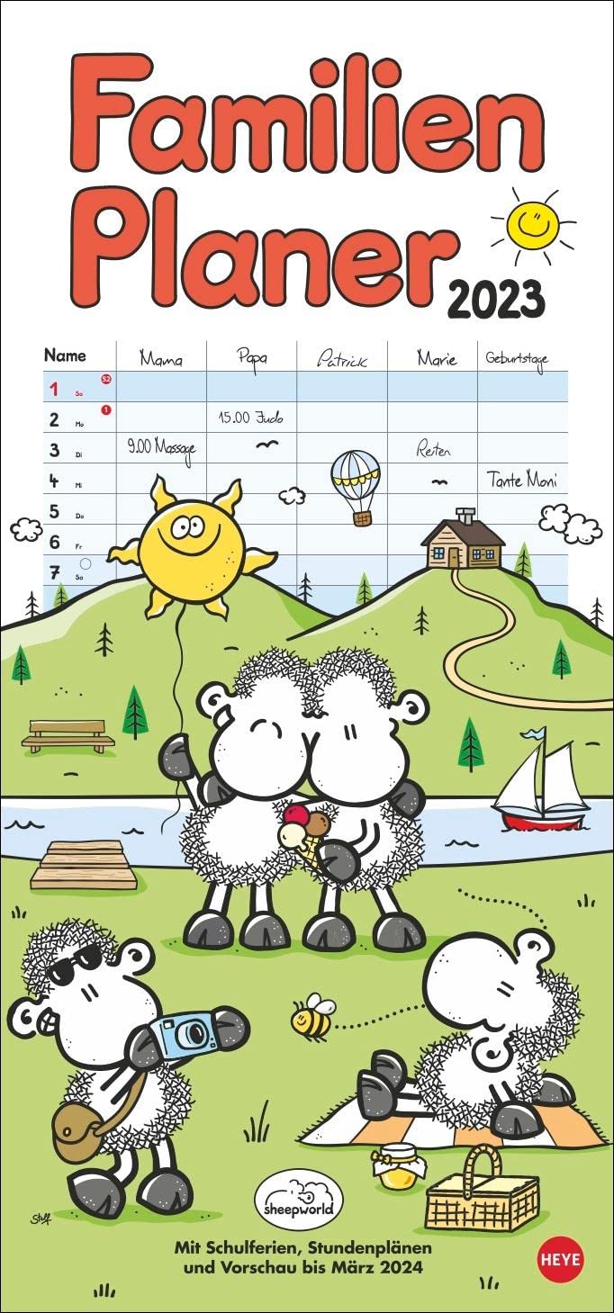 sheepworld Familienplaner 2023 - Wandkalender mit Monatskalendarium, 5 Spalten, Schulferien, 2 Stundenpläne, 3-Monats-Ausblick Januar bis März 2024 - 21 x 45 cm book
