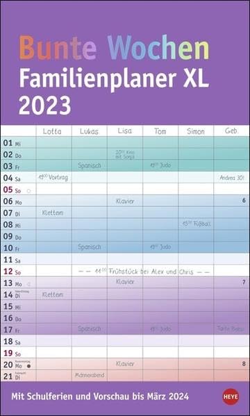 Bunte Wochen Familienplaner XL 2023 - extra-breiter Wandkalender mit Monatskalendarium, 6 Spalten, Schulferien, 3-Monats-Ausblick Januar bis März 2024 - 27 x 45 cm book