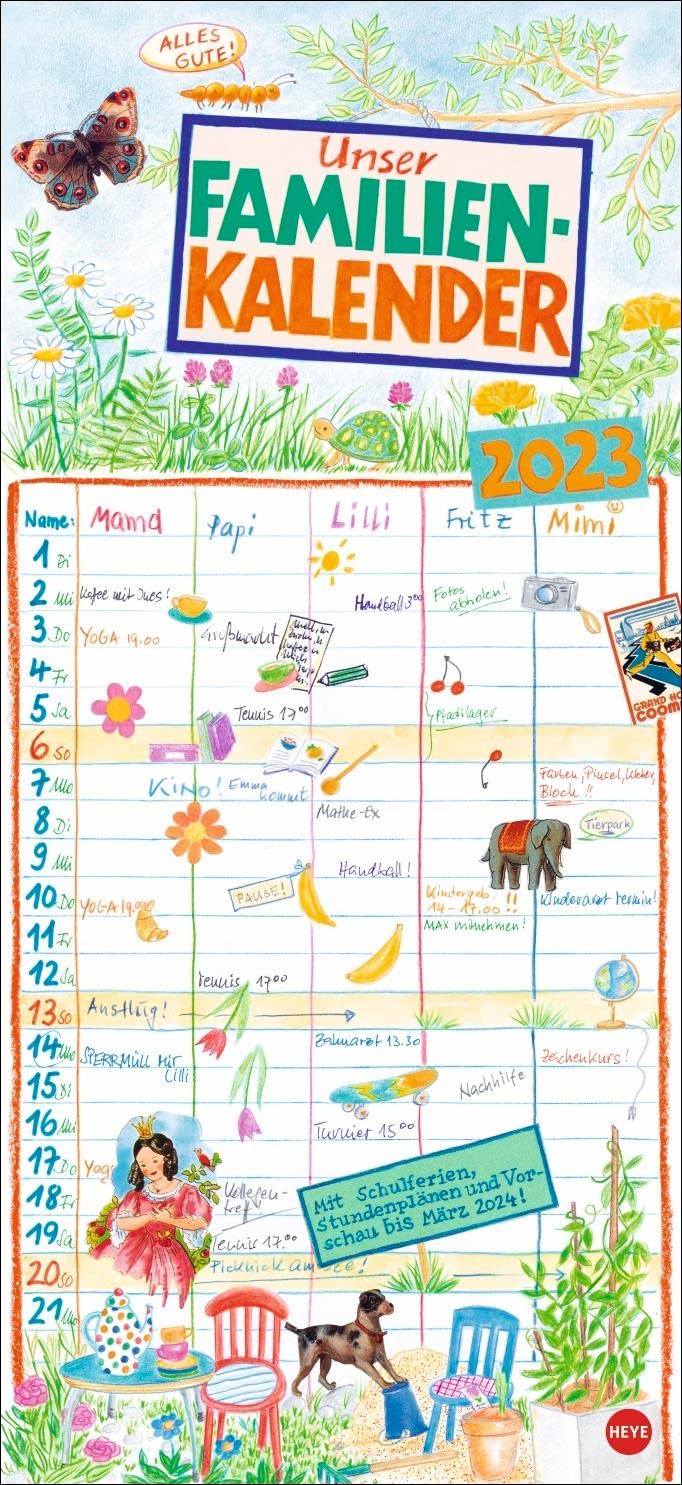 Gabi Kohwagner Unser Familienkalender 2023 - Wandkalender mit 5 Spalten, Schulferien, 2 Stundenplänen, 3-Monats-Ausblick Januar bis März 2024 - 22 x 48 cm book