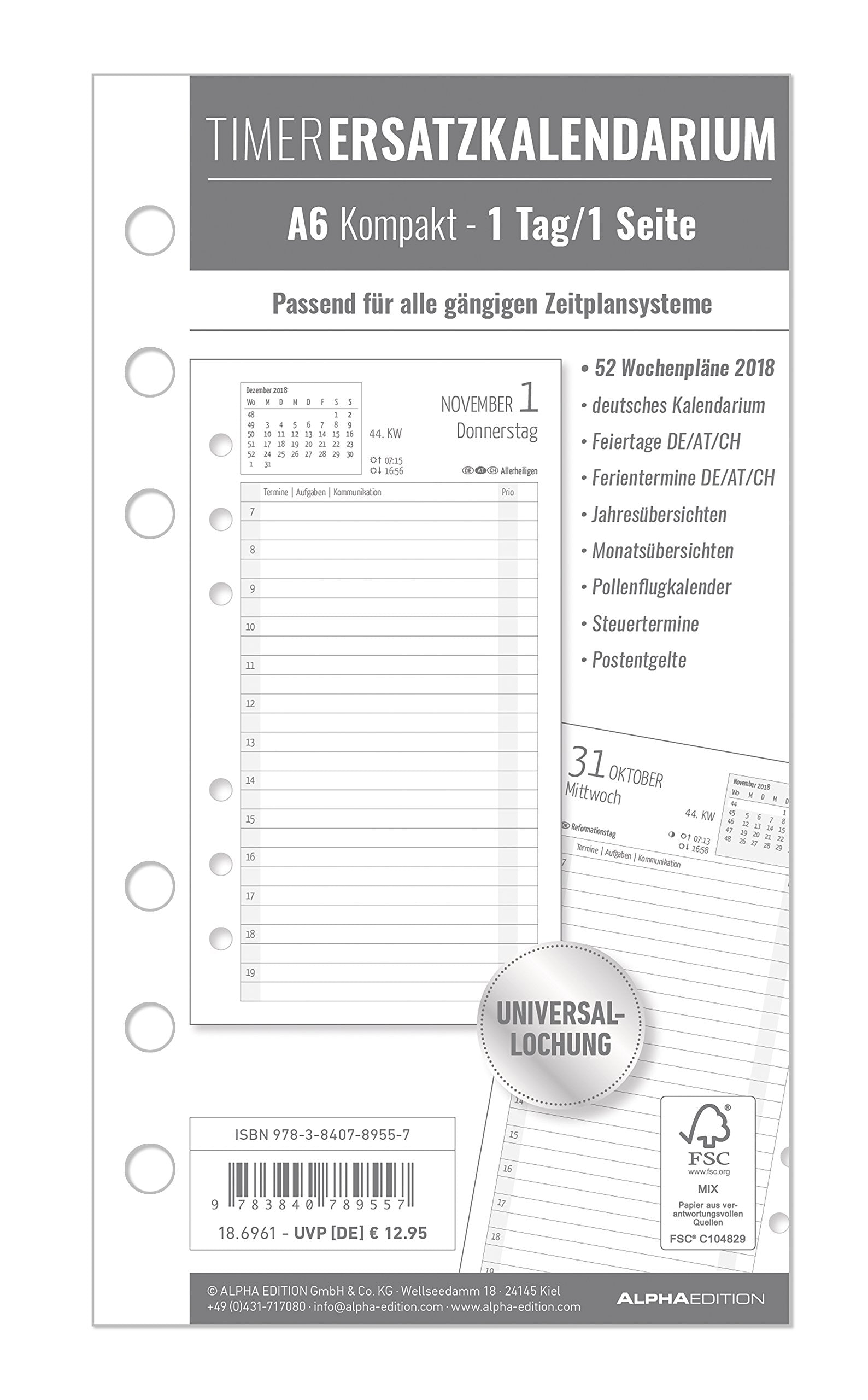 Timer Ersatzkalendarium A6 2018 - Bürokalender / Buchkalender - Universallochung - 1 Tag 1 Seite - 352 Seiten Leisure, Home & Garden