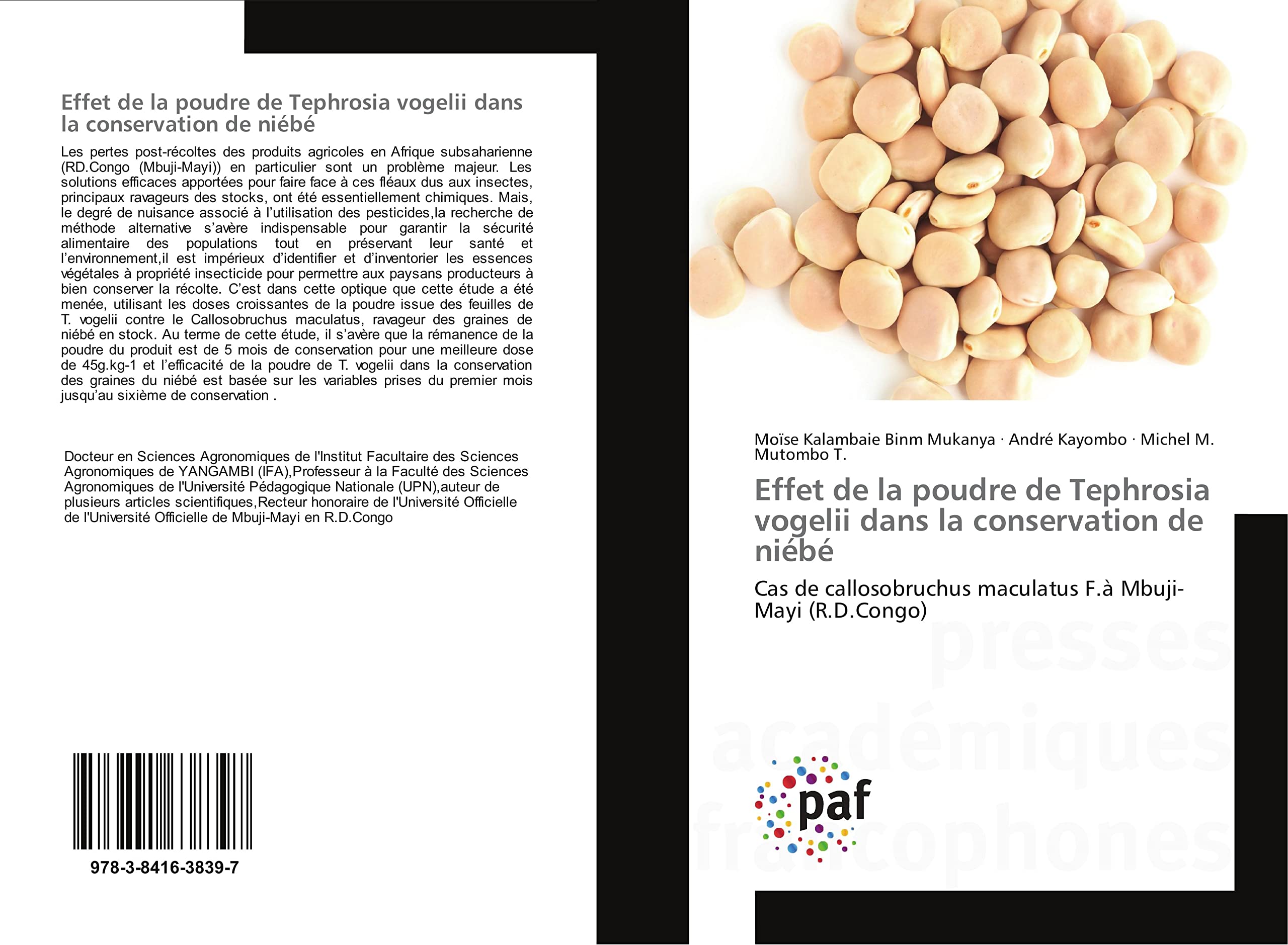 Effet de la poudre de Tephrosia vogelii dans la conservation de niébé: Cas de callosobruchus maculatus F.à Mbuji-Mayi (R.D.Congo) book