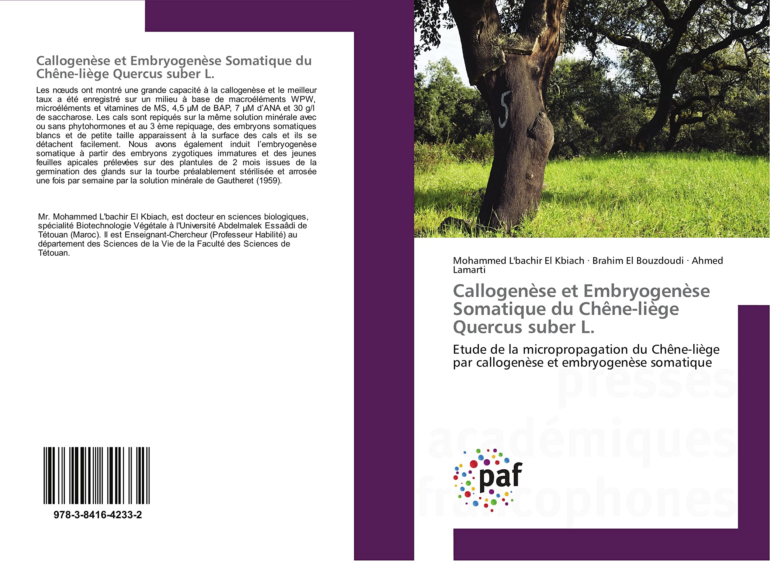 Callogenese et embryogenese Somatique du Chène-liège Quercus suber L.: Etude de la micropropagation du Chène-liège par callogenèse et embryogenèse somatique book