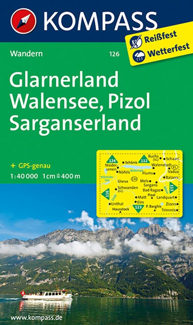 KOMPASS Wanderkarte 126 Glarnerland - Walensee - Pizol - Sarganserland 1:40.000: markierte Wanderwege, Hütten, Radrouten Maps & Plans