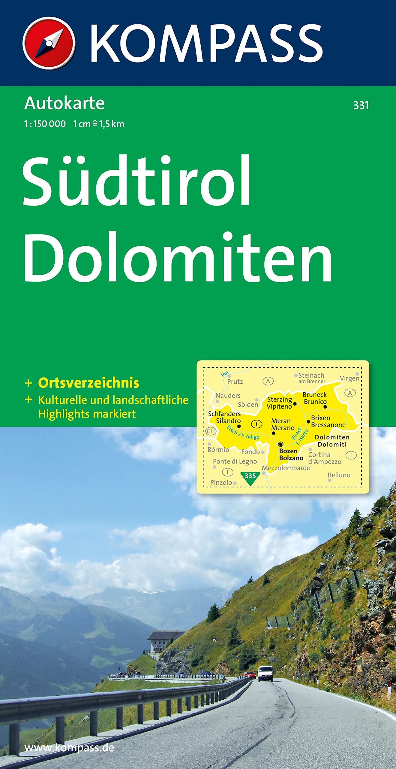 KOMPASS Autokarte Südtirol, Dolomiten/Alto Adige, Dolomiti 1:150.000: mit Ortsverzeichnis Leisure, Home & Garden