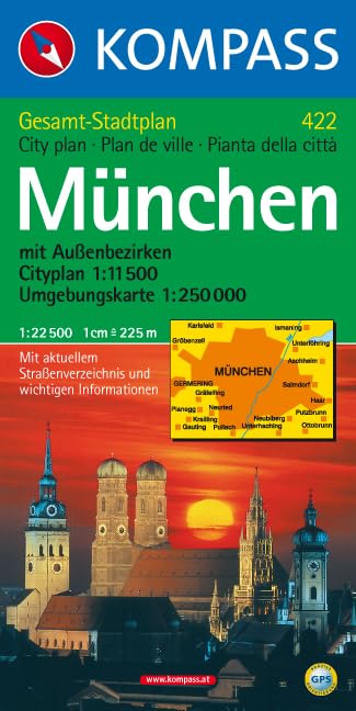 München: Gesamt-Stadtplan mit Aussenbezirken. 1:22500. Cityplan 1:11500, Umgebungskarte 1:250000. GPS-genau. (KOMPASS Stadtplan, Band 422) Leisure, Home & Garden