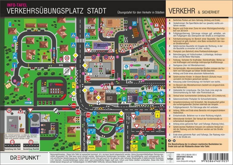 Verkehrsübungsplatz Stadtverkehr: Übungs- und Erklärungstafel für Verkehrssituationen im Stadtverkehr. Law