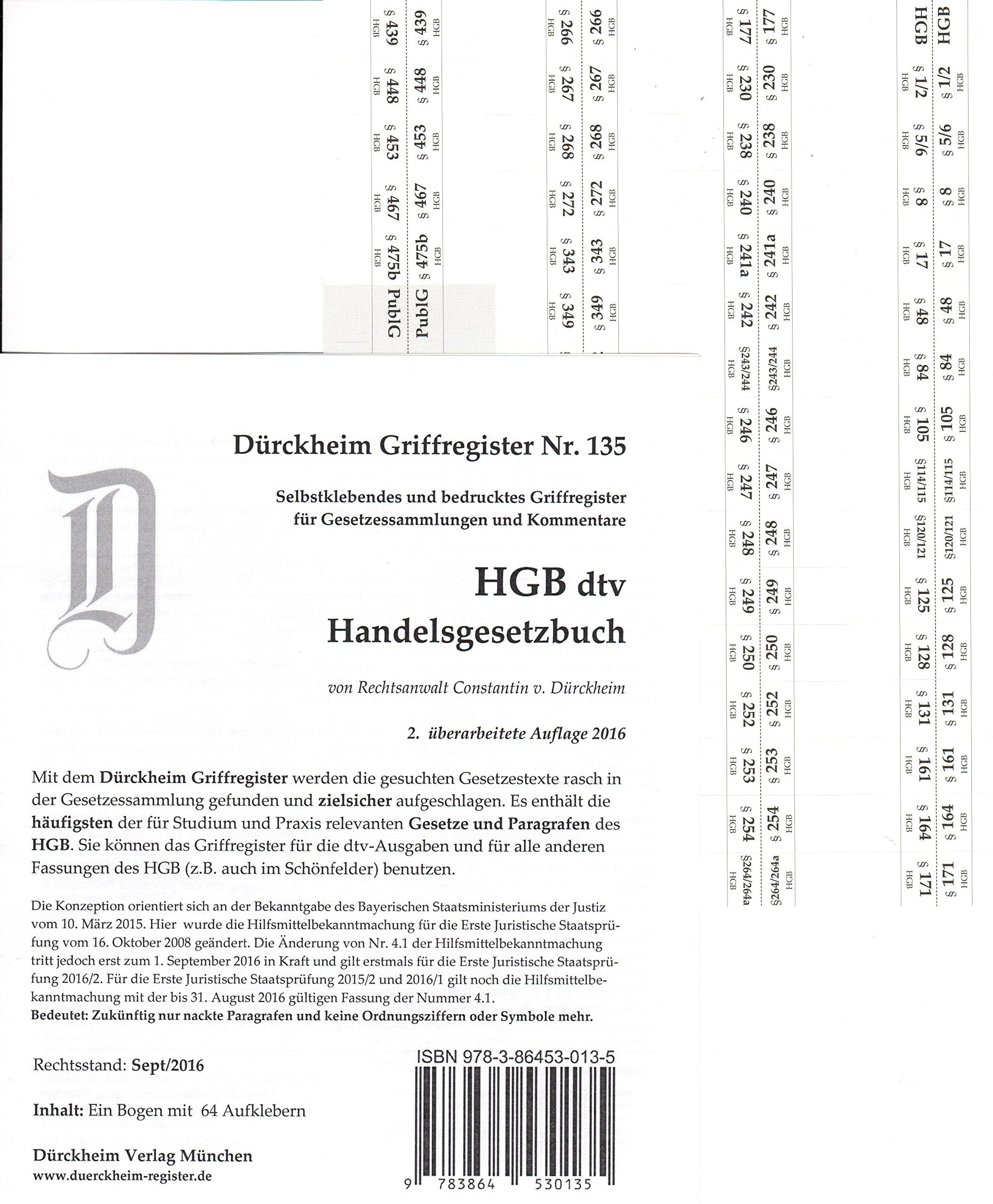 HGB im dtv (2017) Dürckheim-Griffregister Nr. 135: 64 Etiketten. Die Neuauflage hat die ISBN 9783864531408 book