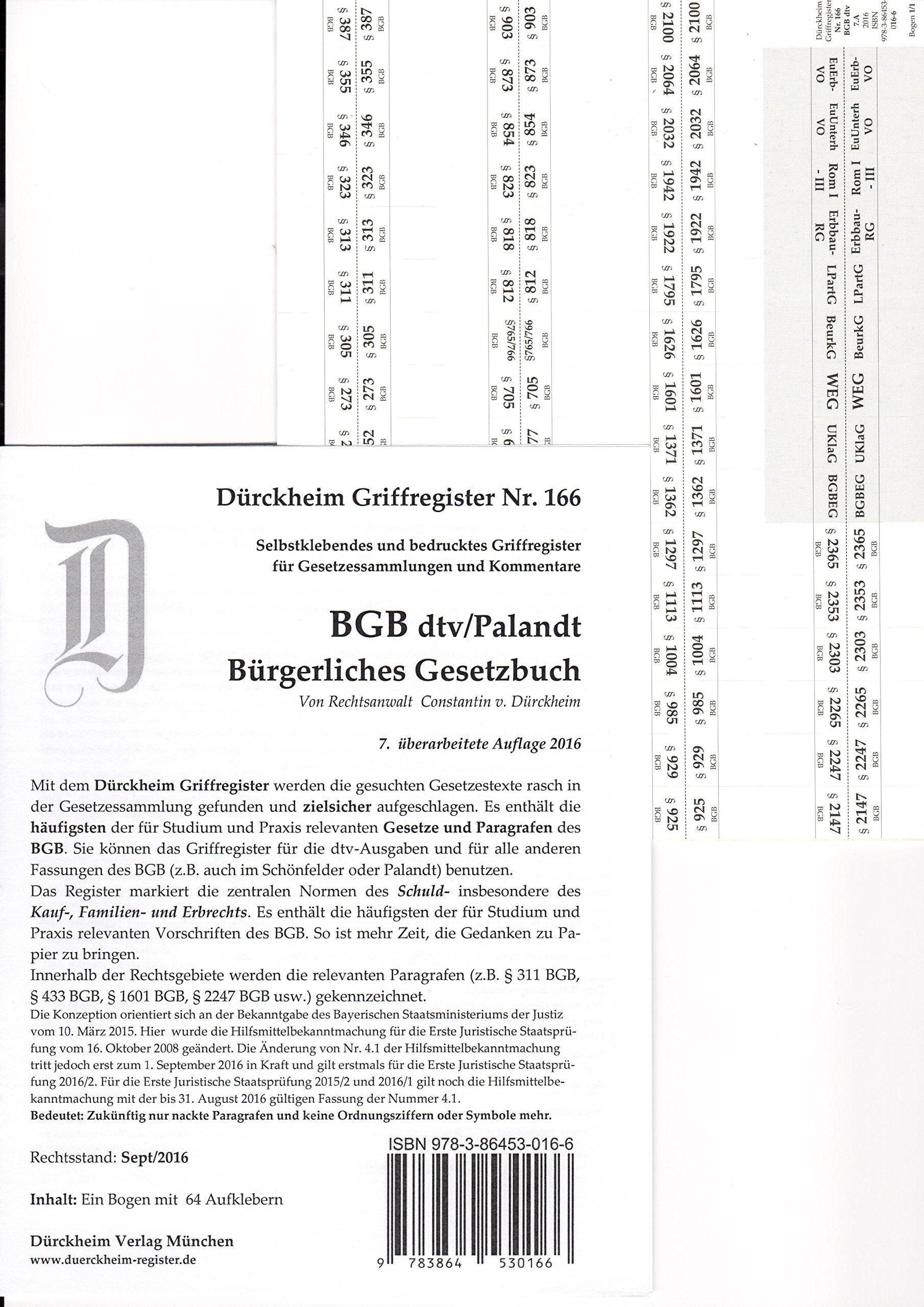 BGB im dtv oder Palandt, Dürckheim-Griffregister Nr. 166 (2017): 64 Etiketten-***Die Neuauflage 2020 hat die ISBN 9783864531385.*** book