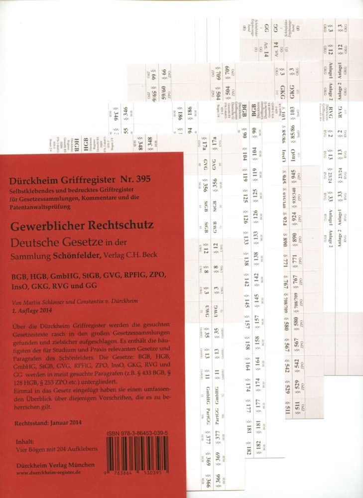 DürckheimRegister TaBu: Gewerblicher Rechtschutz (BGB, HGB, GmbHG, StGB, GVG, RPflG, ZPO, InsO, GKG, RVG u. GG): 204 Registeretiketten • In jedem Fall ... • In jedem Fall auf der richtigen Seite Law