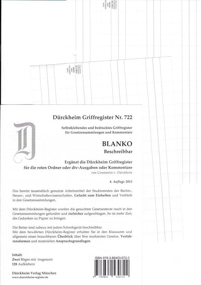 DürckheimRegister BLANKO: WEISS beschreibbar für Gesetzessammlungen: 128 beschreibbare Registeretiketten (sog. Griffregister) für Gesetzessammlungen • In jedem Fall auf der richtigen Seite Law