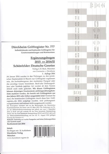Schönfelder (Ergänzungsbogen 2016/II): 32 bedruckte Griffregister für den Schönfelder (Ergänzungsbogen 2016/2) ohne Ordnungsziffern. Rechtstand: Jan 2016 Law