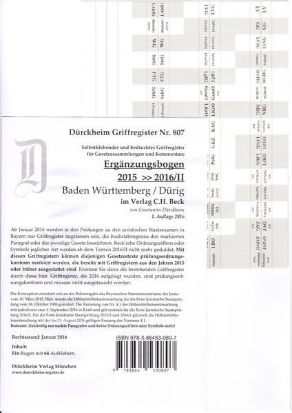 Dürig (Ergänzungsbogen 2016/II), Griffregister Nr. 807: 64 Griffregister für Dürig: Landesgesetze Baden Württemberg (Ergänzungsbogen 2016/II) ohne Ordnungsziffern Law