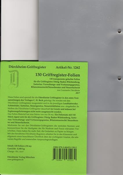 130 DürckheimRegister-FOLIEN für STEUERGESETZE, HABERSACK u.a; zum Einheften und Unterteilen der roten Gesetzessammlungen: Beck Verlag zum Einheften ... H. Beck zum Einheften der DürckheimRegister Law