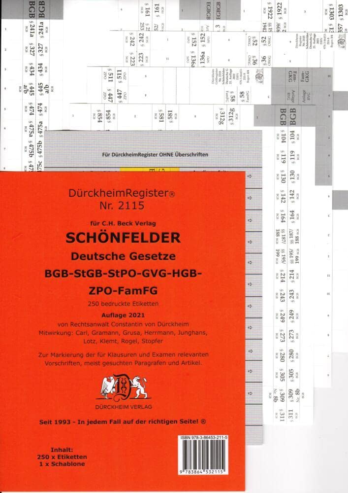DürckheimRegister HABERSACK, Gesetze und §§: 250 Registeretiketten (sog. Griffregister) für die wichtigsten §§ im BGB, StGB, StPO, ZPO im HABERSACK, ... usw.) • In jedem Fall auf der richtigen Seite Law
