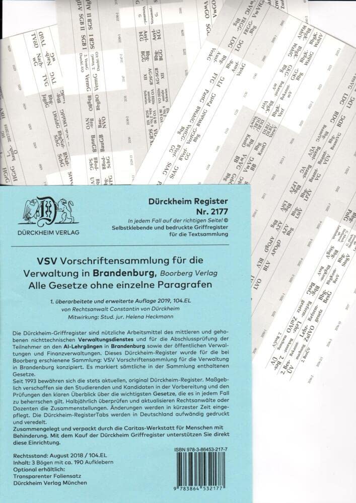 DürckheimRegister VSV BRANDENBURG, BOORBERG Verlag: 190 bedruckte Griffregister für die Vorschriftensammlung für die Verwaltung in BRANDENBURG • In ... • In jedem Fall auf der richtigen Seite Law