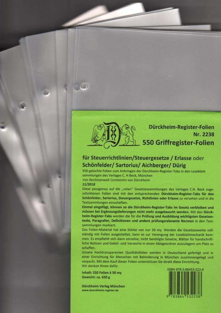 550 DürckheimRegister®-FOLIEN für STEUERGESETZE, HABERSACK u.a; zum Einheften und Unterteilen der roten Gesetzessammlungen Law
