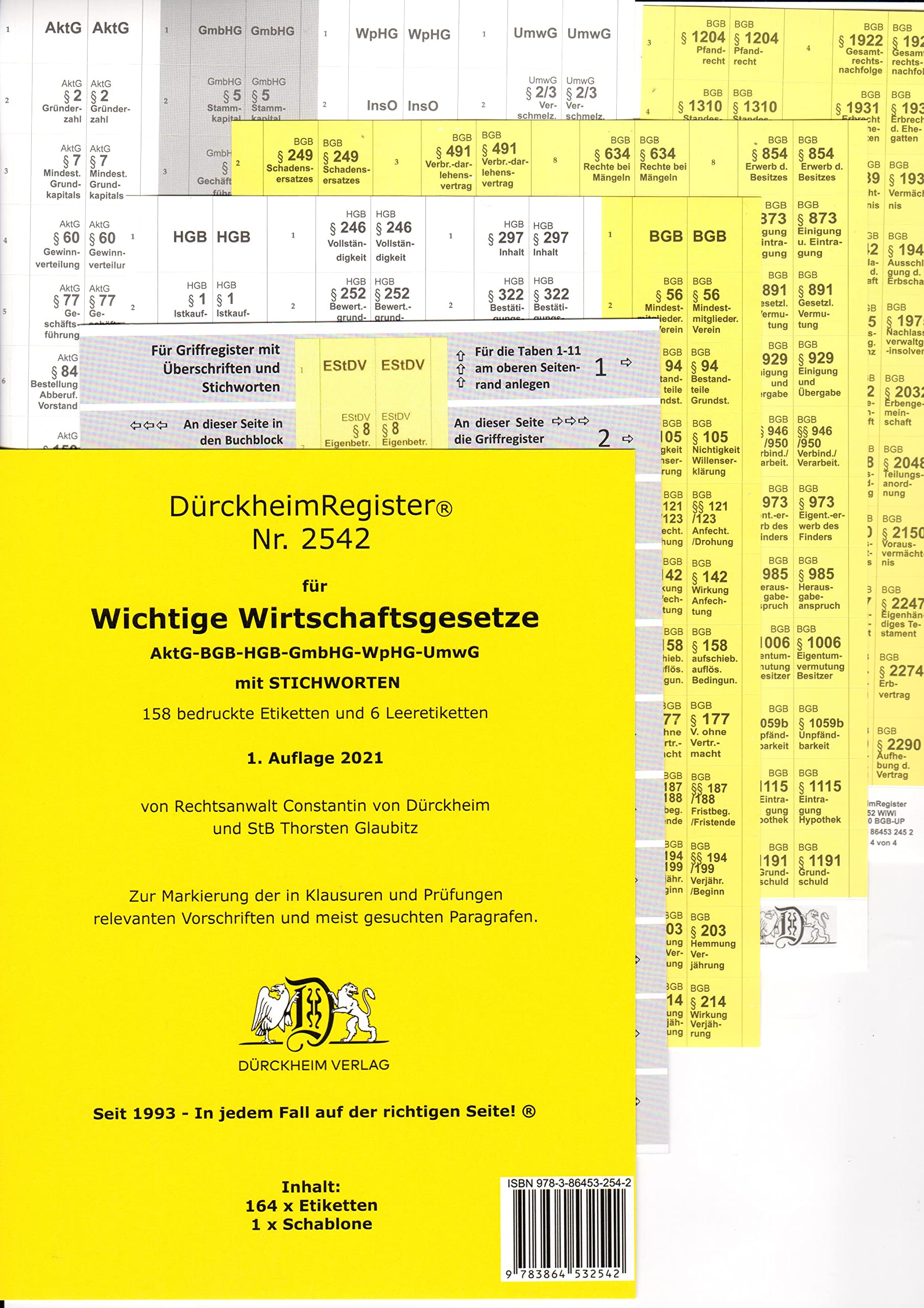 DürckheimRegister WICHTIGE WIRTSCHAFTSGESETZE (BGB, HGB, GmbHG, AktG, UmwG) mit STICHWORTEN: 150 Registeretiketten (sog. Griffregister) für das ... • In jedem Fall auf der richtigen Seite Law