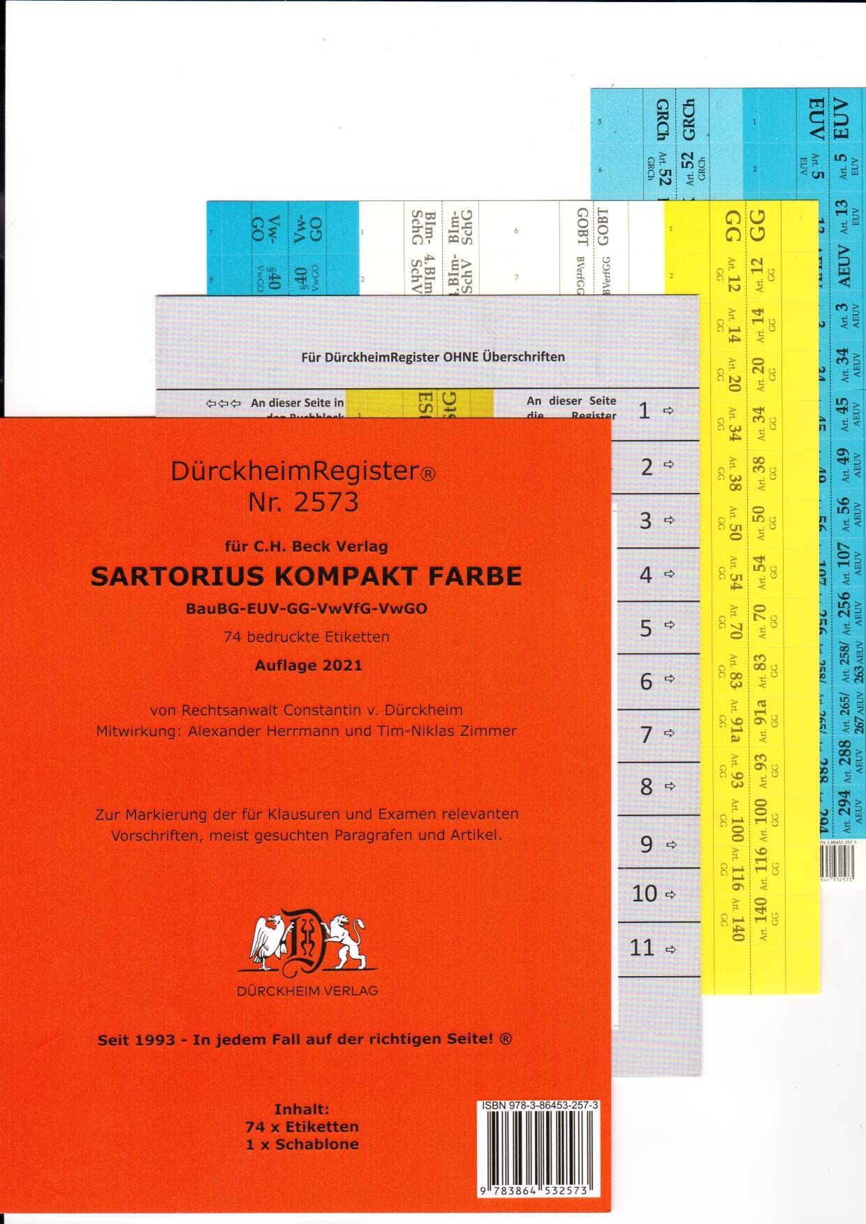 DürckheimRegister SARTORIUS KOMPAKT, Gesetze und §§: 75 Registeretiketten (sog. Griffregister) für den SARTORIUS, C.H. Beck Verlag • GG, VwVfG, • In ... • In jedem Fall auf der richtigen Seite Law