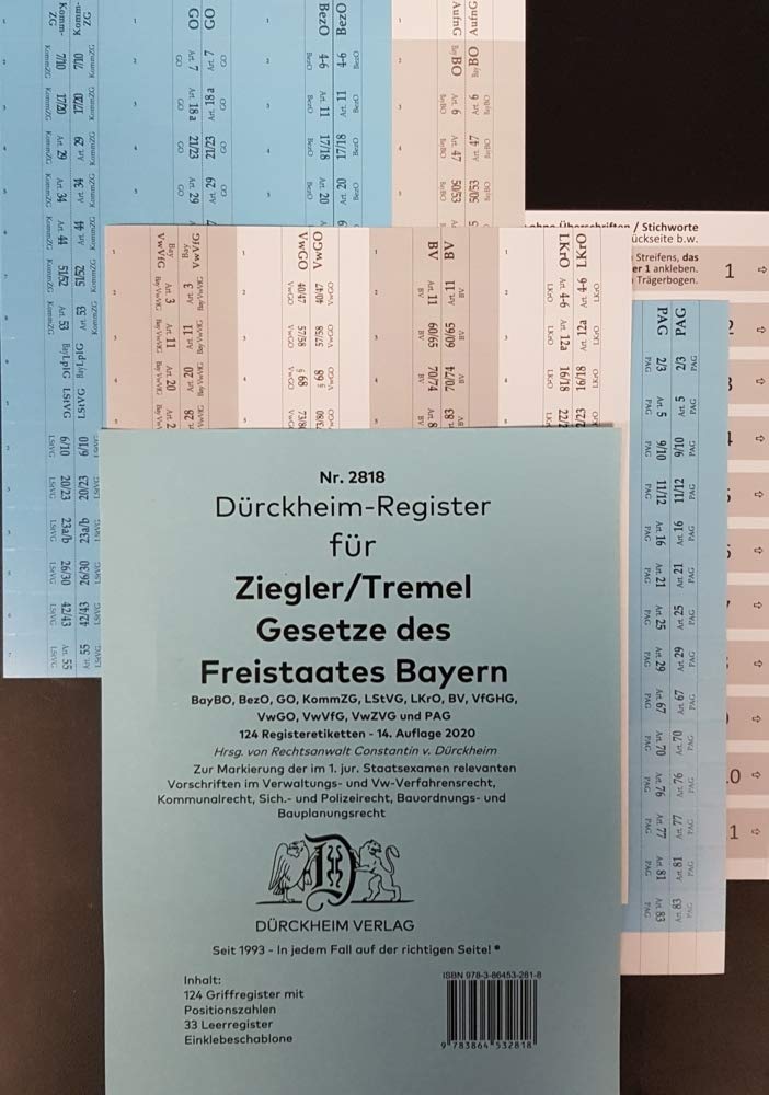 DürckheimRegister ZIEGLER TREMEL Gesetze Freistaat Bayern 2021: 125 Registeretiketten Law