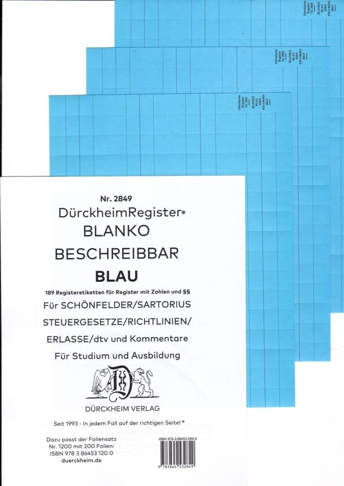 DürckheimRegister® BLANKO-BLAU beschreibbar für Gesetzessammlungen: 189 beschreibbare Registeretiketten in Blau für Gesetzessammlungen. In jedem Fall ... . In jedem Fall auf der richtigen Seite ® Law
