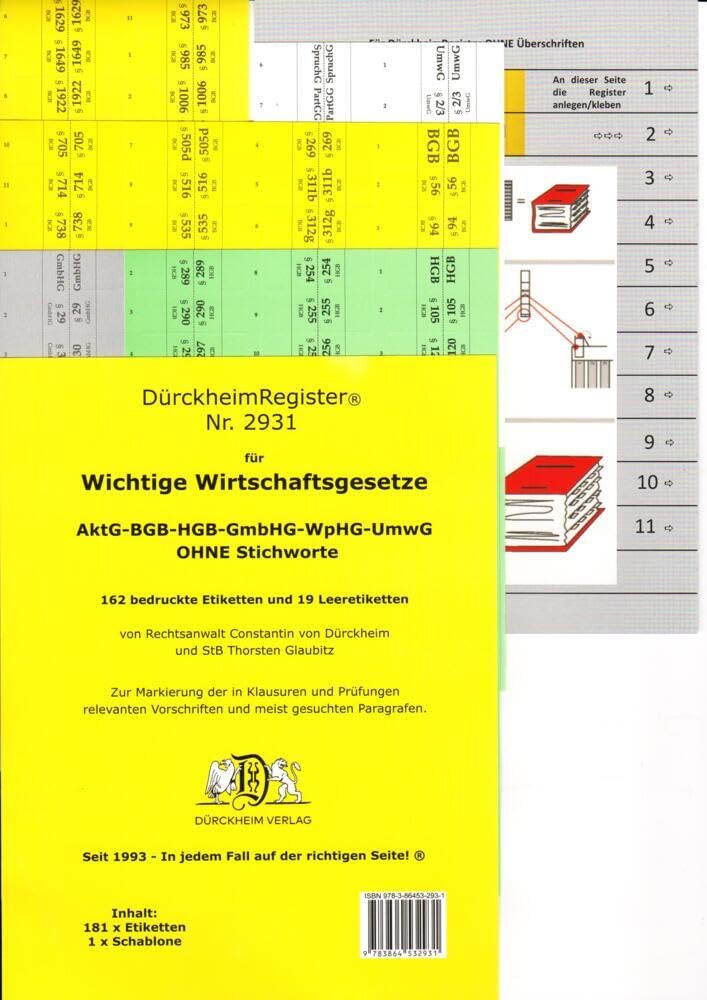 DürckheimRegister® WICHTIGE WIRTSCHAFTSGESETZE (BGB, HGB, GmbHG, AktG, UmwG) §§ und Gesetze ohne stichworte: 155 Registeretiketten (sog. ... In jedem Fall auf der richtigen Seite® Law
