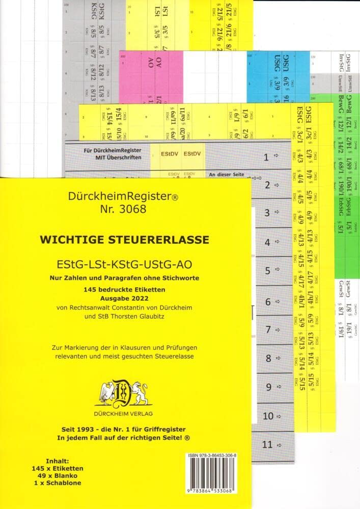 DürckheimRegister® STEUERERLASSE Gesetze und §§ ohne Stichworte: 147 Registeretiketten (sog. Griffregister) für die wichtigsten STEUERERLASSE. In ... usw.. In jedem Fall auf der richtigen Seite® Law