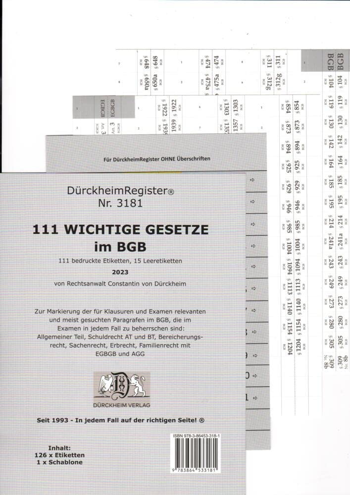 DürckheimRegister® -BGB- WICHTIGE §§ Im Bürgerlichen Gesetzbuch 2022: 155 Registeretiketten (sog. Griffregister) für dein BGB • Mit den wichtigsten ... In jedem Fall auf der richtigen Seite® Law