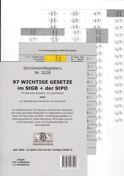 DürckheimRegister® -StGB+StPO- WICHTIGE §§ Im Strafrecht u Strafprozessrecht 2022: 155 Registeretiketten (sog. Griffregister) für dein StGB + StPO• ... In jedem Fall auf der richtigen Seite® Law