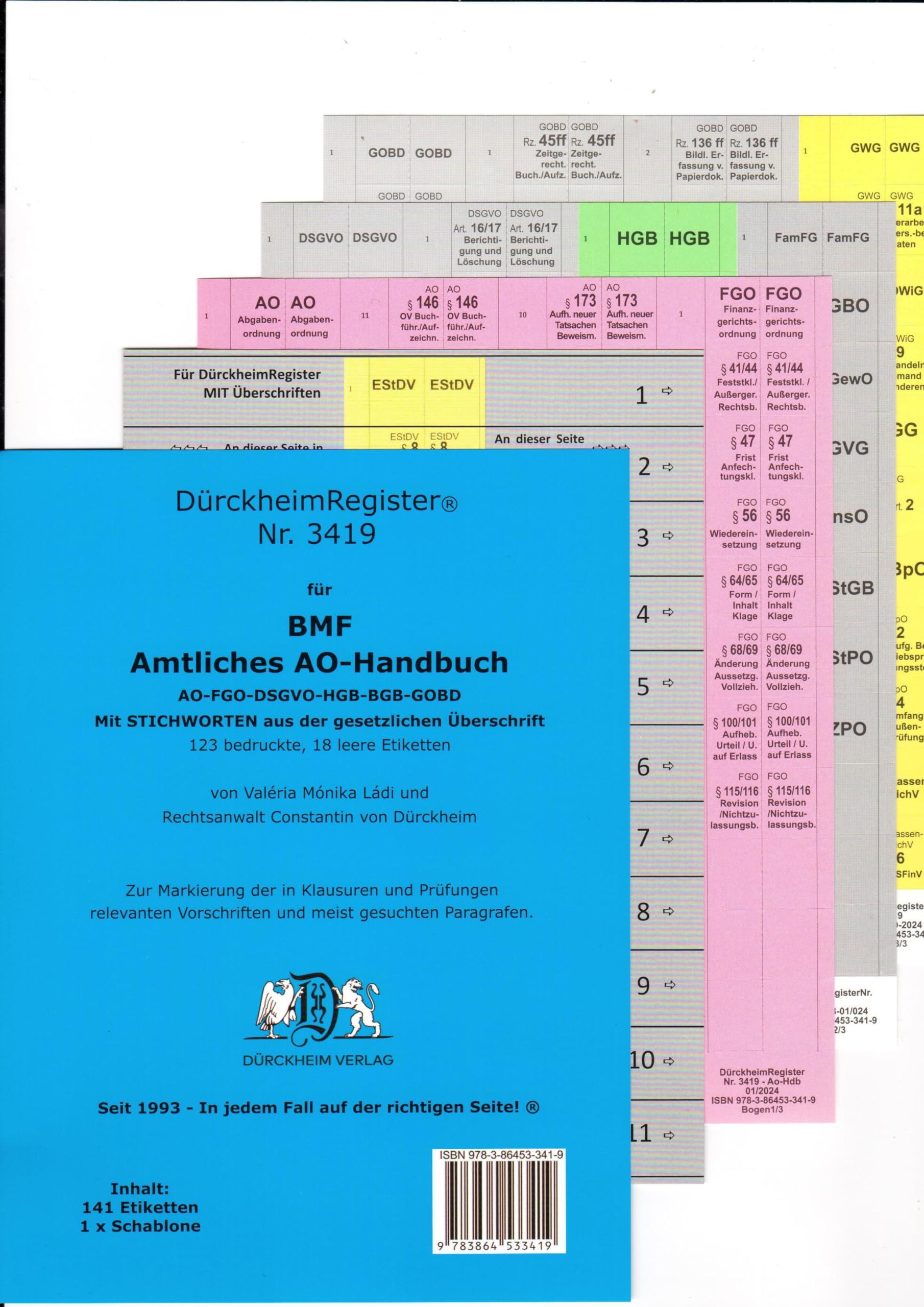 DürckheimRegister® Amtliches AO-Handbuch BMF • MIT Stichworten: 141 Registeretiketten (sog. Griffregister) für AO-FGO-DSGVO-HGB-BGB-GOBD • In jedem Fall auf der richtigen Seite! ® Law