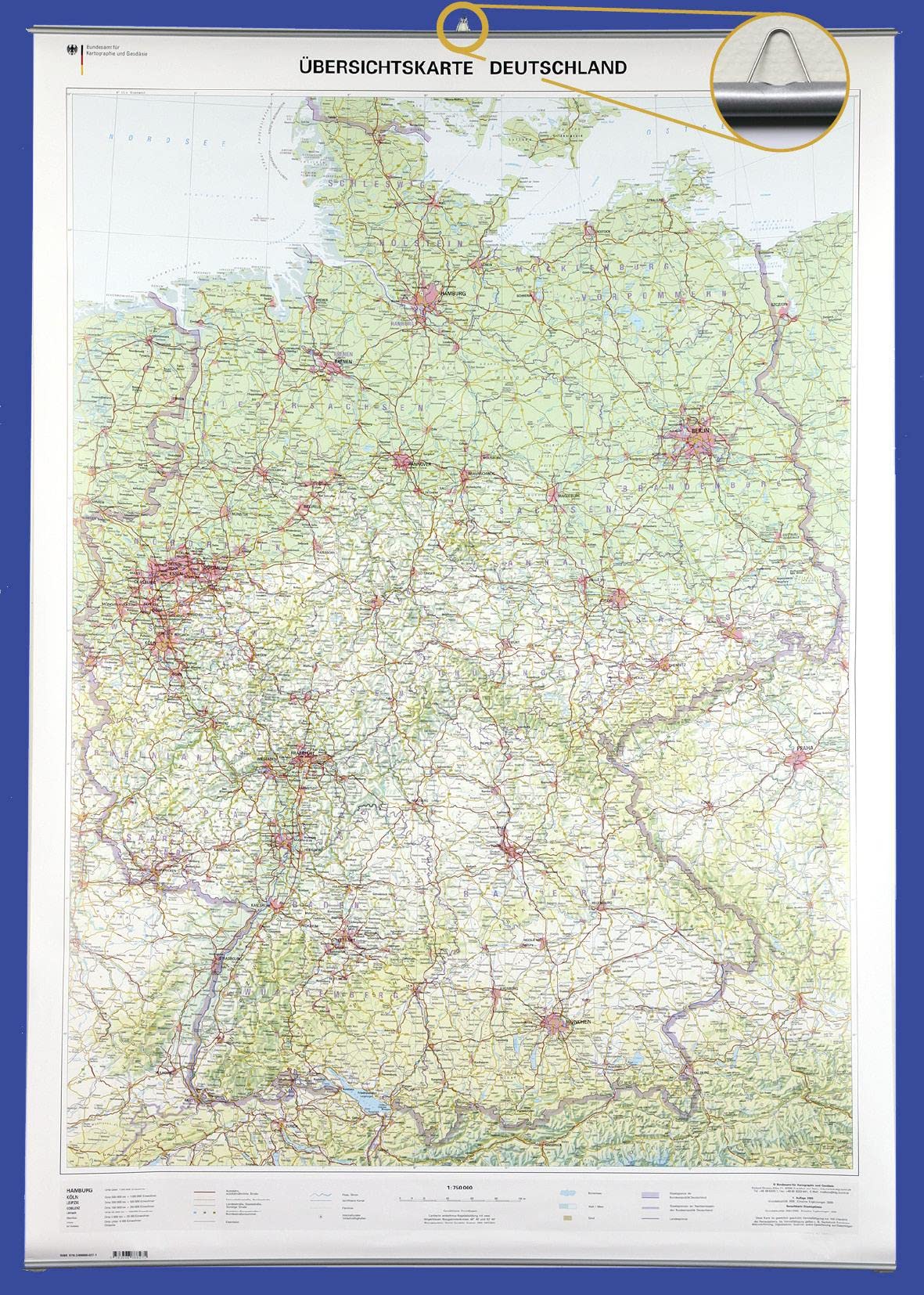 Übersichtskarte Deutschland 1 : 750 000. Wandkarte mit Aufhänger und Bestäbung Leisure, Home & Garden