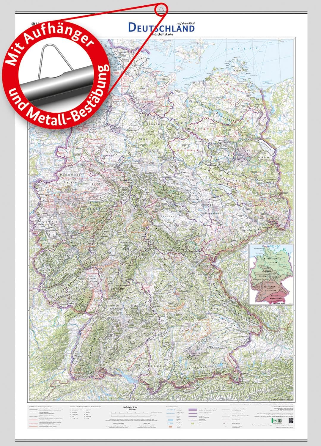 Deutschland auf einen Blick! Landschaftskarte 1:750 000 mit Aufhänger und Metall-Bestäbung Leisure, Home & Garden