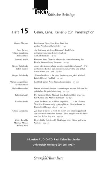 Text. Kritische Beiträge / TEXT. Kritische Beiträge Heft 15: Celan, Lenz, Keller & zur Transkription Contemporary literature