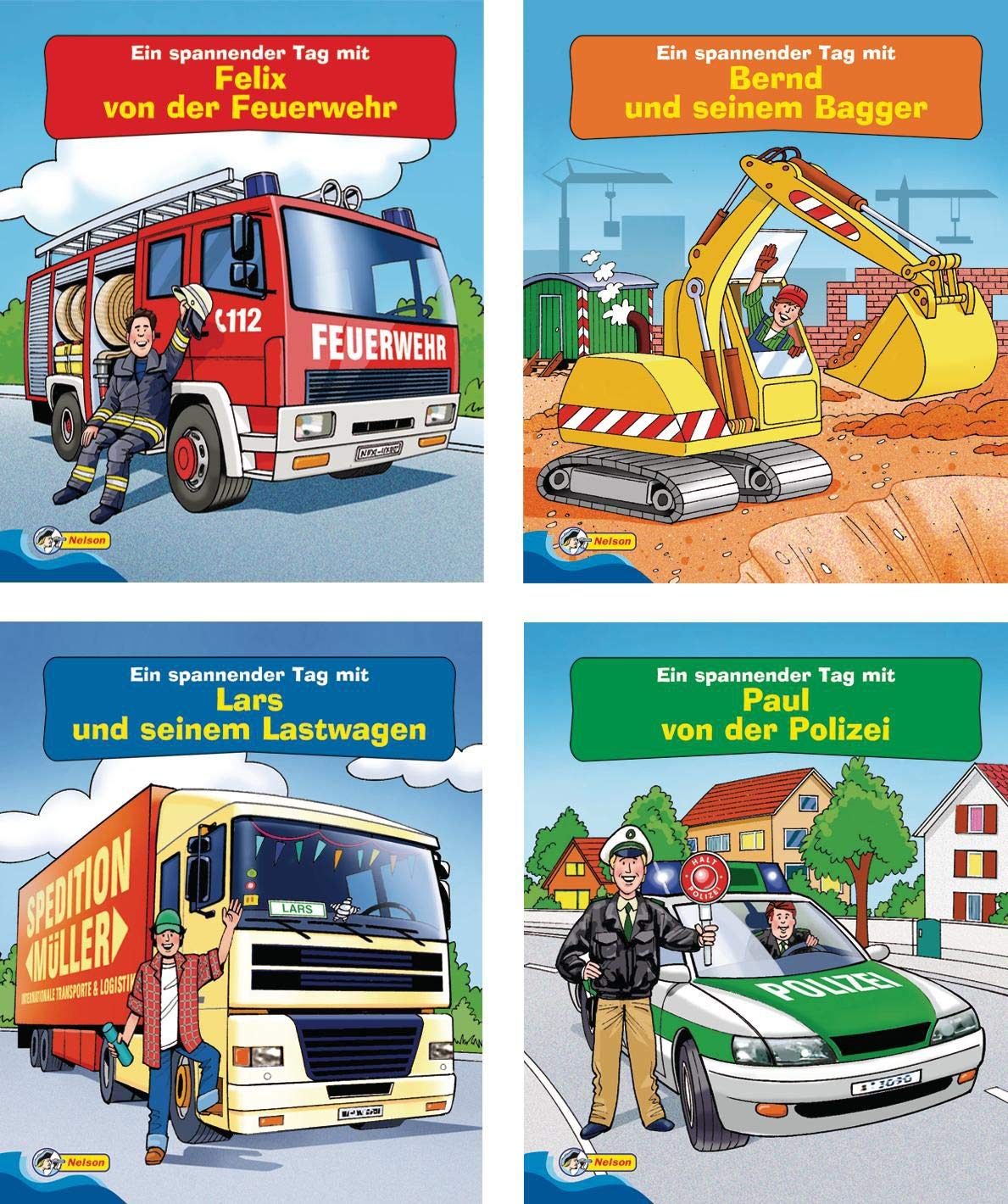 Nelson Mini-Bücher: Fahrzeuge 9-12: Ein spannender Tag mit Paul von der Polizei / Ein spannender Tag mit Felix von der Feuerwehr / Ein spannender Tag mit Bernd und seinem Bagger / Ein spannender Tag mit Lars und seinem Lastwagen Children's books