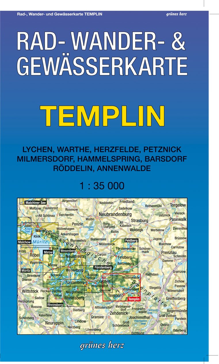 Rad-, Wander- und Gewässerkarte Templin: Mit Lychen, Warthe, Herzfelde, Petznick, Milmersdorf, Mit Hammelspring, Barsdorf, Röddelin, Annenwalde. Maßstab 1:35.000. Leisure, Home & Garden