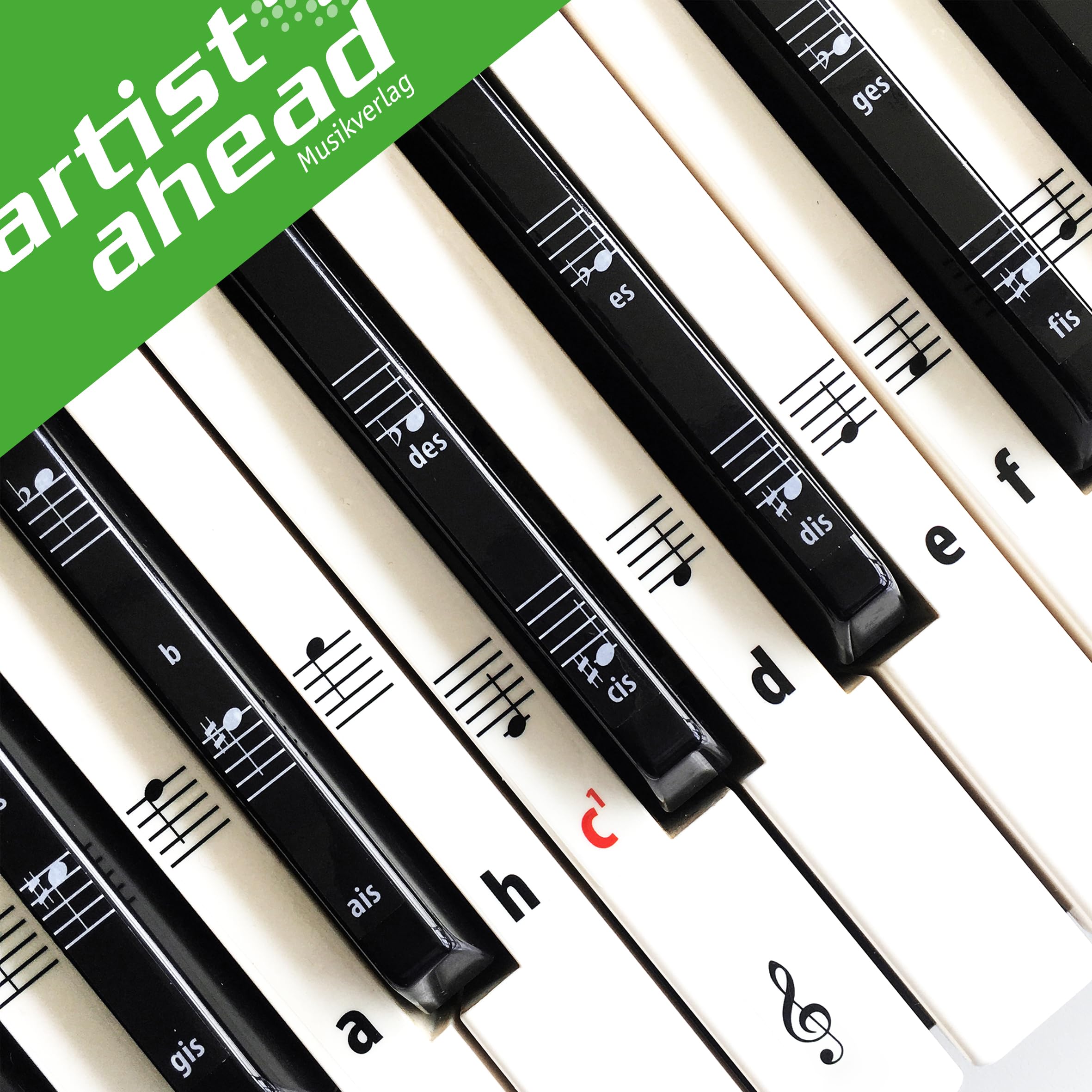 ARTIST AHEAD Noten Aufkleber für Klavier & Keyboard – Piano Sticker Komplettset für 49 / 61 / 76 / 88 schwarze + weiße Tasten / C-D-E-F-G-A-H (inkl. Anleitung, Holzspatel & Mikrofasertuch) Arts & Music