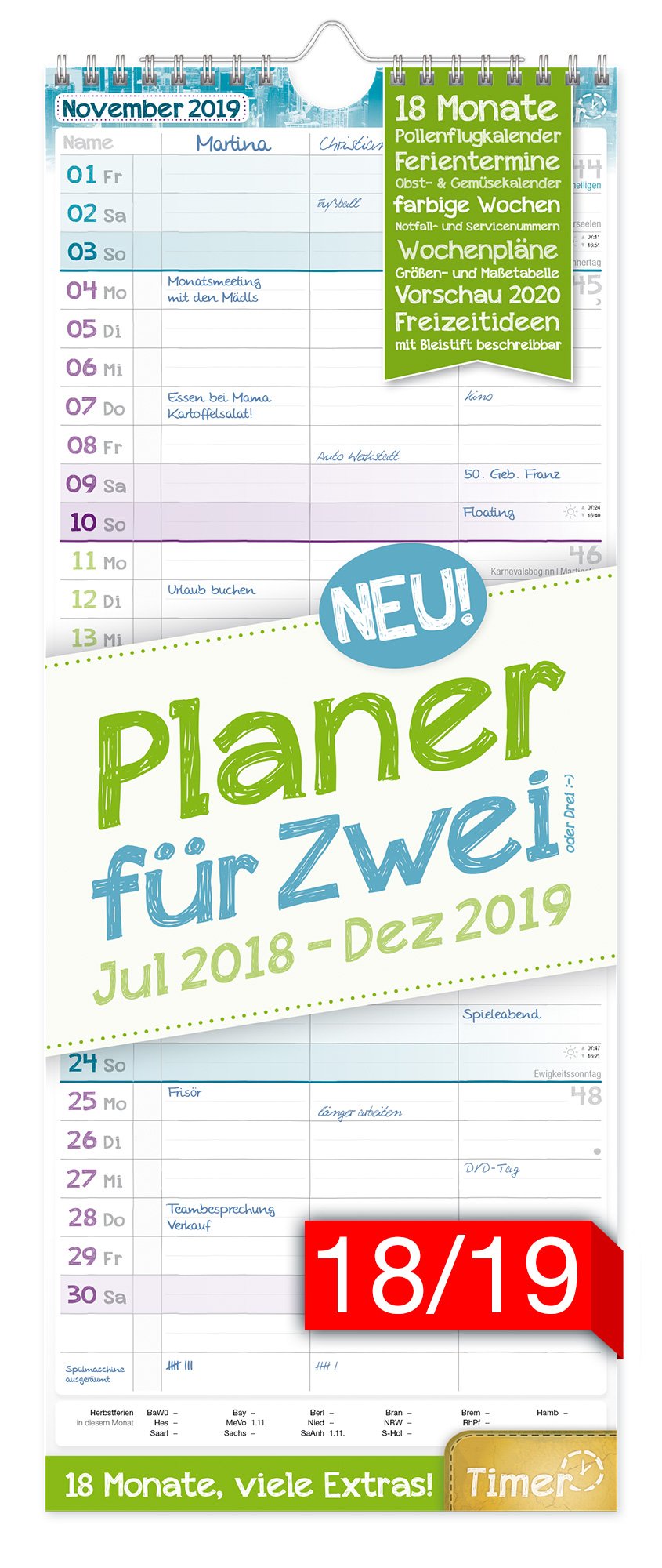 Planer für Zwei 2018/2019 17x42cm, 3 Spalten, Wandkalender 18 Monate Juli 2018-Dezember 2019 - Wandplaner Chäff-Timer, Ferientermine, viele Zusatzinfos Calendars