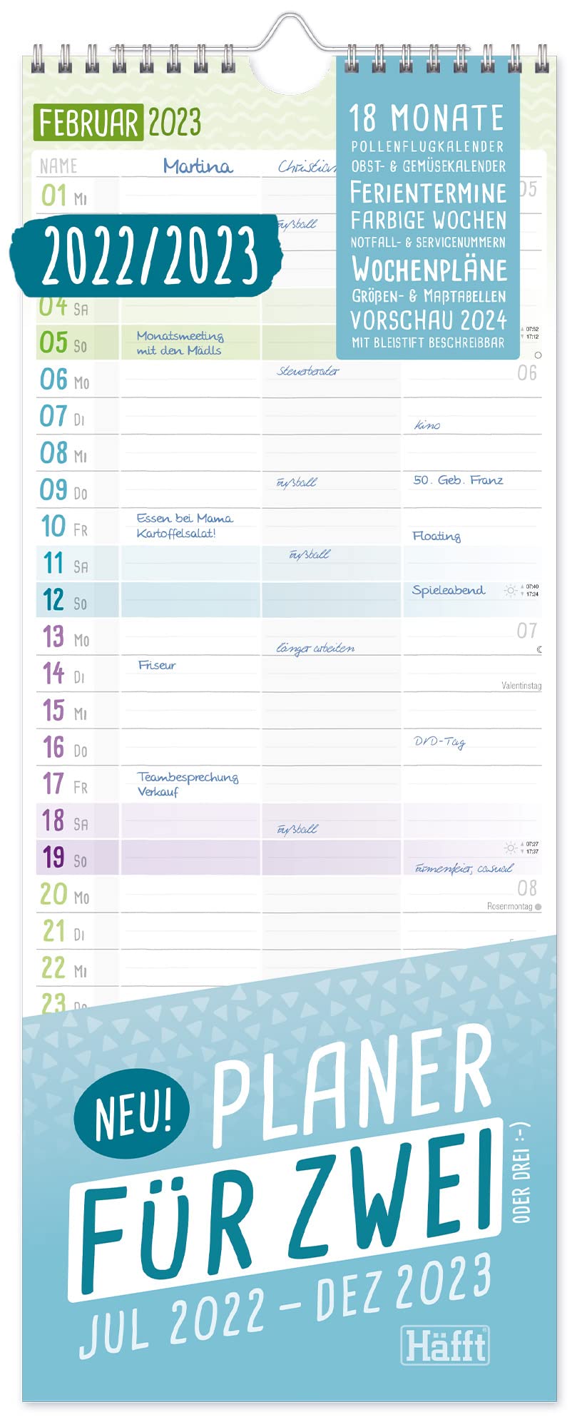 Planer für Zwei 2022/2023 Paarkalender mit 3 Spalten | Wandkalender für 18 Monate: Jul 22 - Dez 23 | Paarplaner Wandplaner, Chäff-Timer inkl. Ferientermine | klimaneutral & nachhaltig Calendars