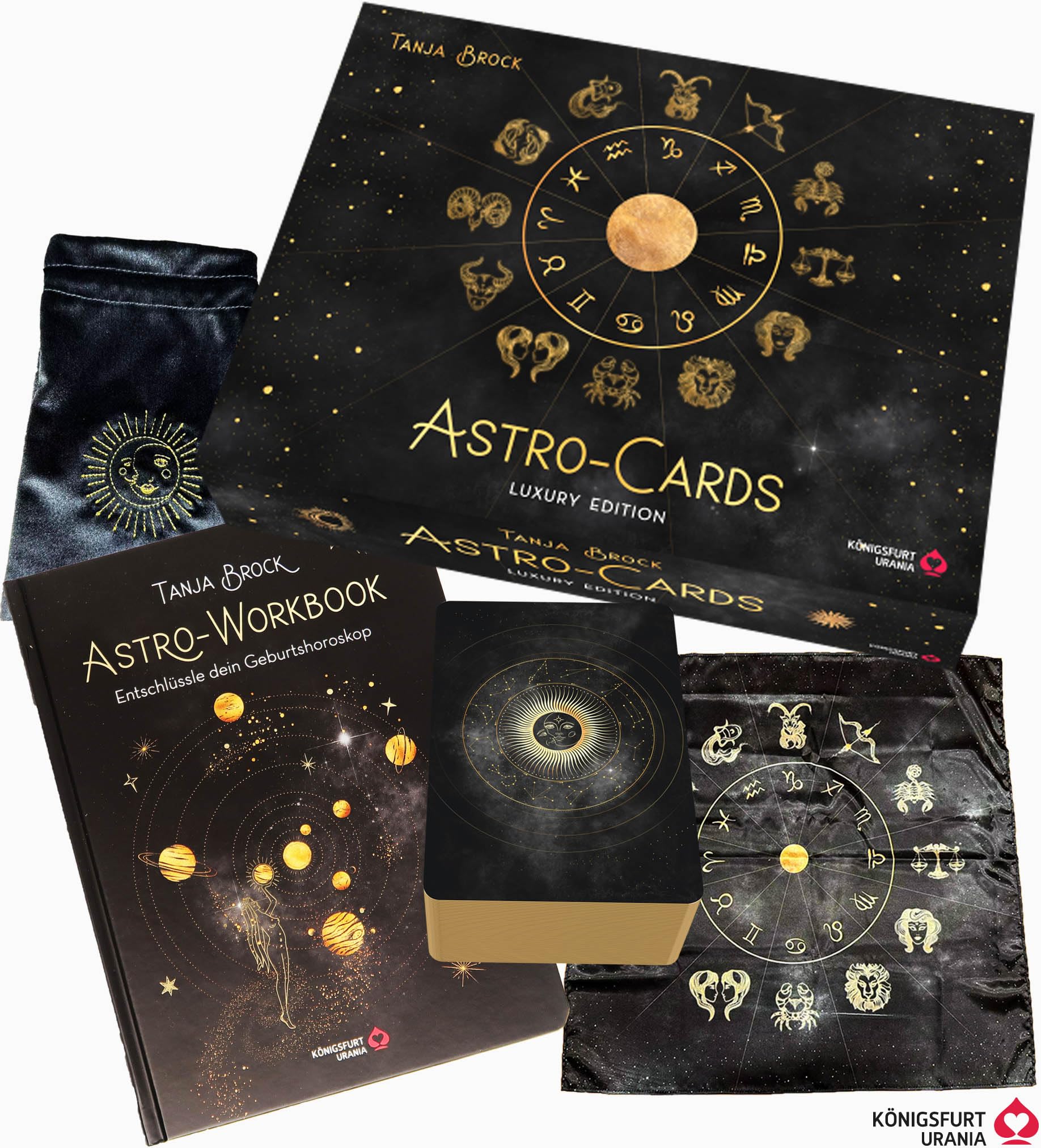 Astro-Cards - Luxury Edition: großformatige Box mit Goldprägung, 43 Karten mit Goldprägung und Goldschnitt, Samtbeutel mit Zugband, ein Legetuch und mit Workbook: Samtbeutel, Legetuch, Workbook, Lifestyle