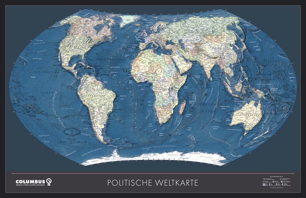 Columbus Weltkarte politisch/physisch beleistet: TING-fähig, Format: ca. 181 x 115 cm, beidseitig bedruckt: Beidseitig bedruckt. Laminiert Leisure, Home & Garden