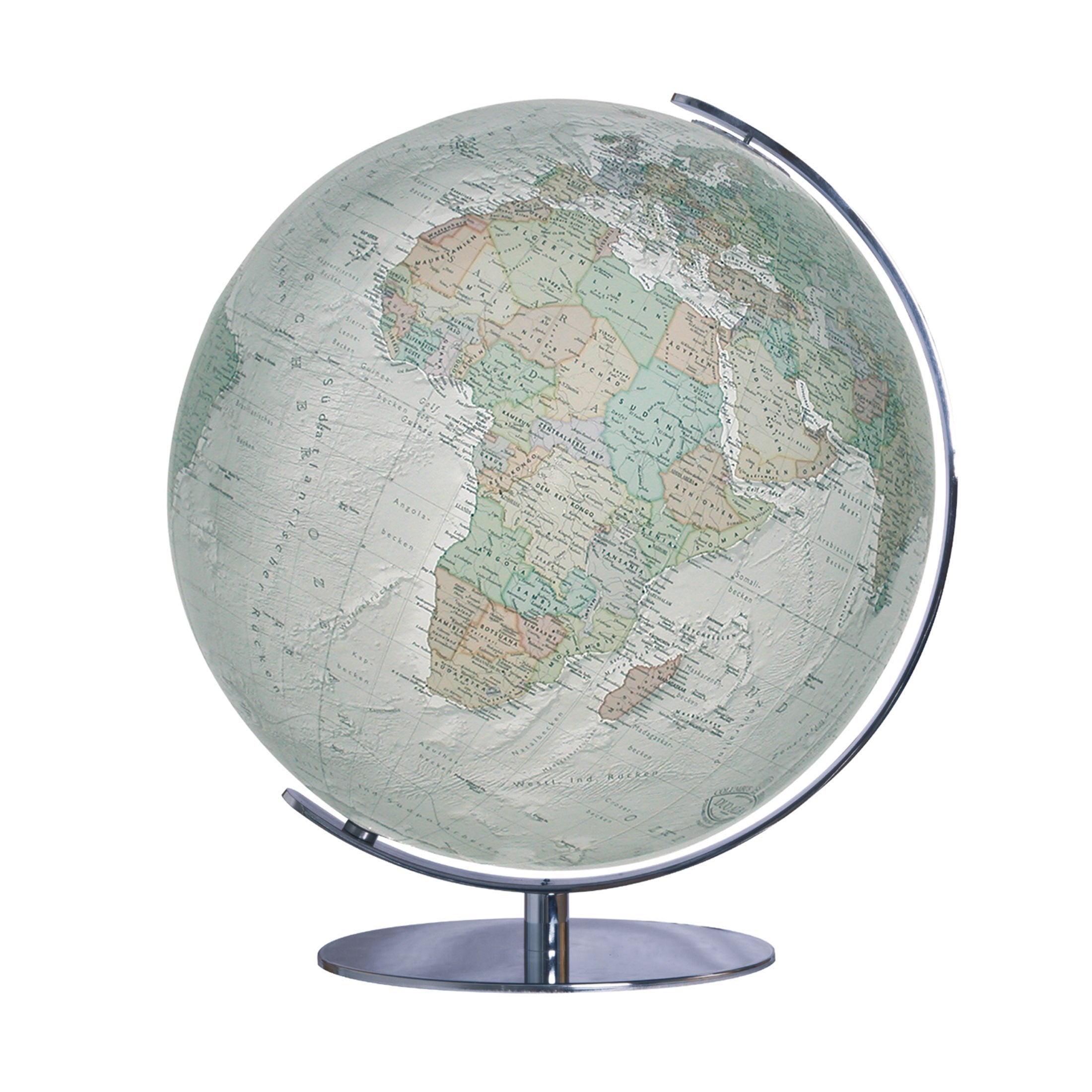 Columbus DUO ALBA Leuchtglobus: Tischmodell, TING-fähig, handkaschiertes Kartenbild auf Acrylglaskugel, Kugeldurchmesser 40 cm, Meridian und Fuß aus ... physisch mit Reliefschummerung, Tischmodell Geology & Geography