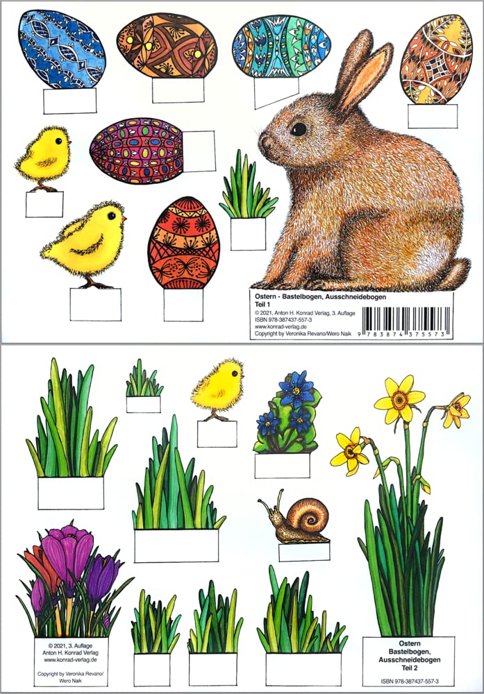Ostern - Bastelbogen, Ausschneidebogen. Osterhase, Ostereier, Küken und Blumen zum Basteln.: Teil 1, Teil 2 Arts & Music