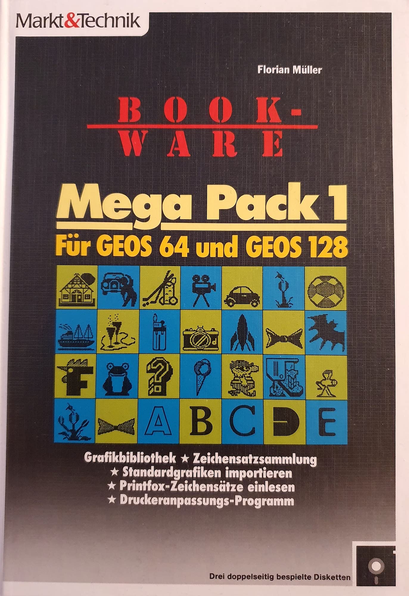 Mega Pack 1. Für GEOS 64 und GEOS 128: Grafikbibliothek. Zeichensatzsammlung. Standardgrafiken importieren. Printfox - Zeichensätze einlesen. Druckeranpassungs-Programm book