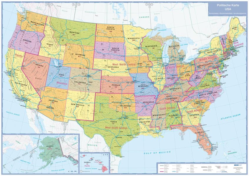 Politische Karte USA: plano in Versandrolle, 1:5 Mio.: Verwaltungsgrenzen, Bundesstaaten, Bundeshauptstädte (Busche Planokarten) Leisure, Home & Garden
