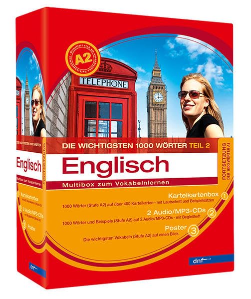 Multibox Die wichtigsten 1000 Wörter Englisch, Fortsetzung (Niveau A2): Die wichtigsten 1000 Wörter. Karteikartenbox mit 400 Karteikarten, 2 Audio-MP3-CDs, Begleitheft, Wortschatzposter Foreign Languages ​​& Dictionaries