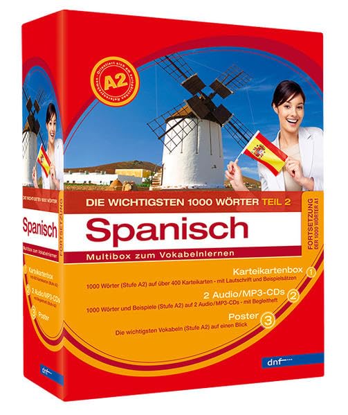 Multibox Die wichtigsten 1000 Wörter Spanisch, Fortsetzung (Niveau A2): Die wichtigsten 1000 Wörter. Karteikartenbox mit 400 Karteikarten, 2 Audio-MP3-CDs, Begleitheft, Wortschatzposter Foreign Languages ​​& Dictionaries