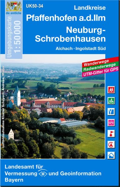 UK50-34 Landkreise Pfaffenhofen a.d.Ilm, Neuburg-Schrobenhausen: Aichach, Ingolstadt Süd, Neuburg a.d.Donau, Vohburg a.d.Donau, Manching, ... Karte Freizeitkarte Wanderkarte) Leisure, Home & Garden