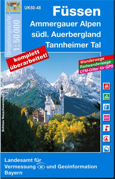 UK50-48 Füssen: Ammergauer Alpen, südliches Auerbergland, Tannheimer Tal, Neuschwanstein, Hohenschwangau, Nesselwang, Roßhaupten, Steingaden, ... Karte Freizeitkarte Wanderkarte) Leisure, Home & Garden