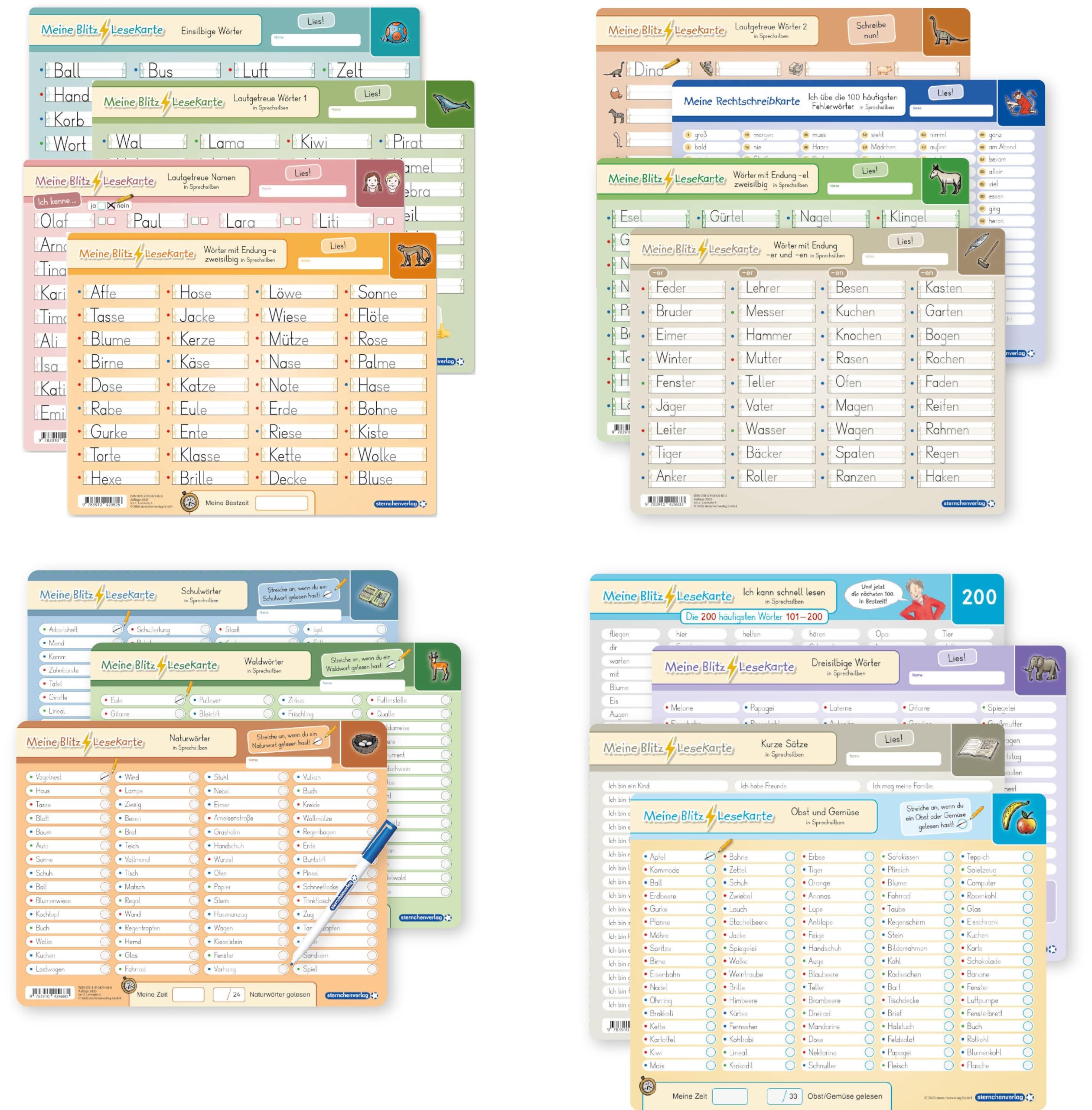 Meine Blitzlesekarten Set 1-4 zur Leseförderung (15 Lerntafeln mit Stift) Study Guides